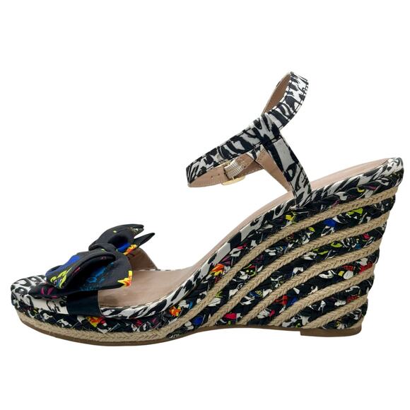 Betsey Johnson Wedge Espadrilles Rainbow Black Jute Bow & Ankle Strap - Picture 5 of 14